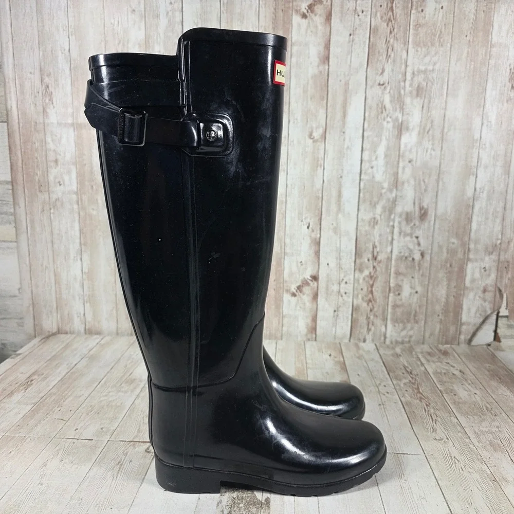 Hunter Original Refined Tall Rain Boots Black Glossy Waterproof Womens US 5